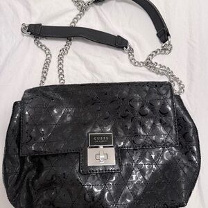 GUESS Black Quilted Logo Crossbody with Silver Chain